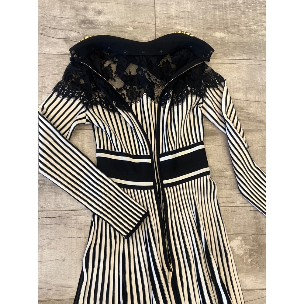 ELIE SAAB Floral Lace Knitted Long Sleeve Dress Black White Striped Chain Collar - Picture 13 of 16